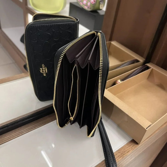 COACH BOXED LONG ZIP AROUND WALLET IN SIGNATURE LEATHER CF464 BLACK - Picture 7 of 11